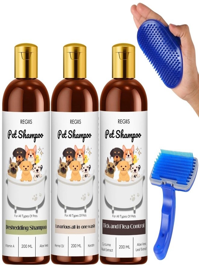 REGIIS Pet Shampoo Set with Deshedding, Luxurious All-in-One Wash, Tick and Flea Control Formula, 200 ML, 3 Pack with Blue Grooming Brush(5 Pack)